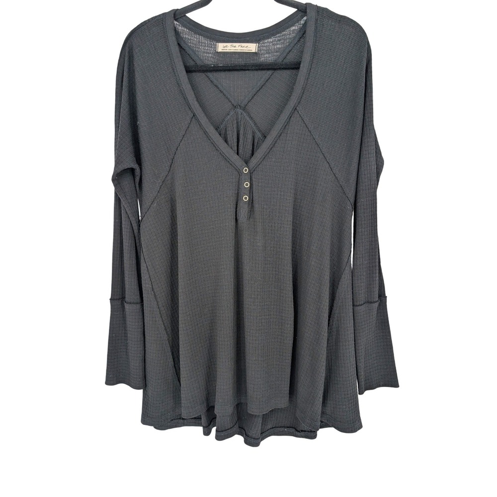 We The Free Citrine Waffle Henley Top M Black Boho Relaxed Layering Minimalist